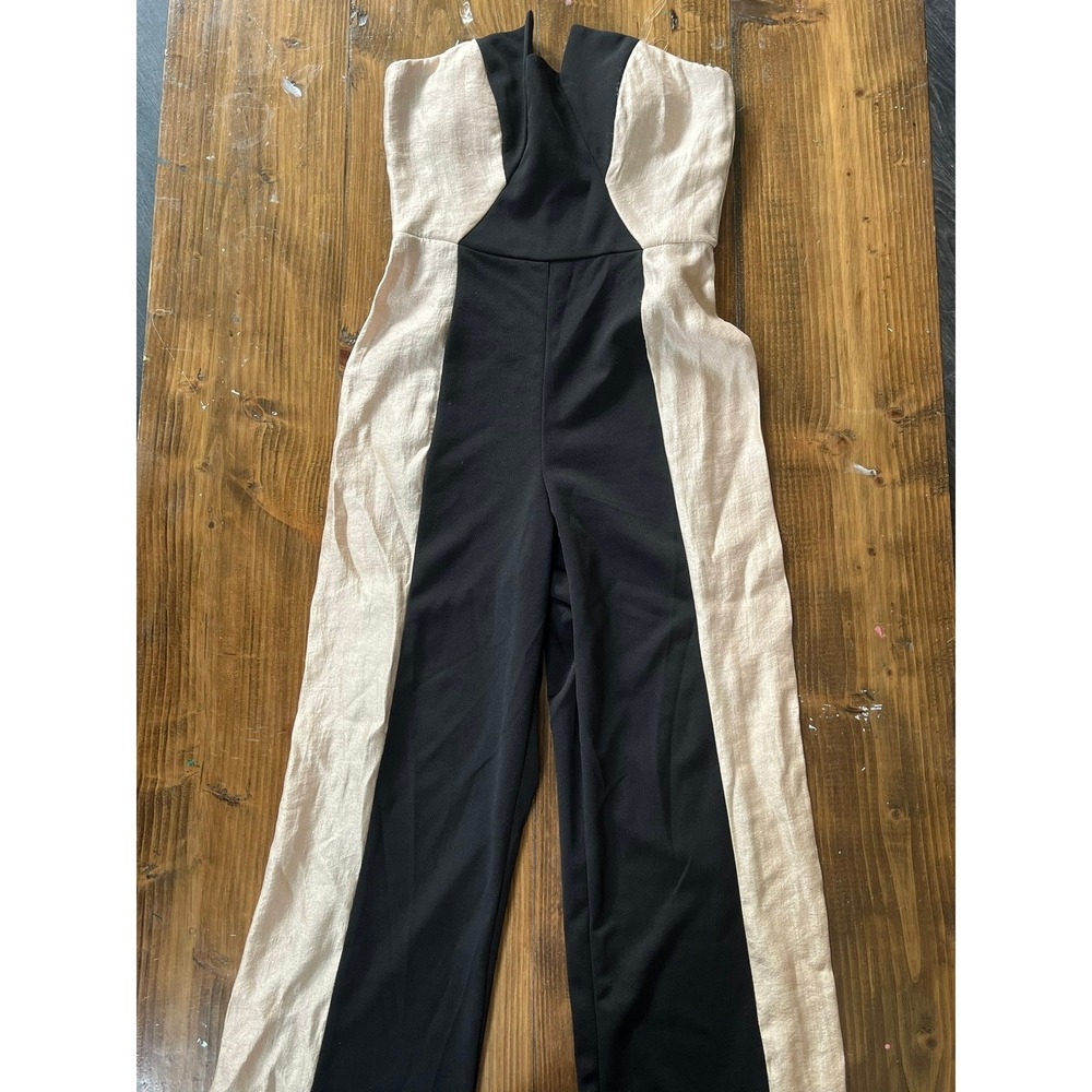Crystal Doll Black Champagne Colorblock Strapless Wide Leg Jumpsuit Size 7
